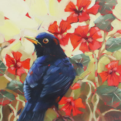 Blackbird and Nasturtiums, Tracey Elphick