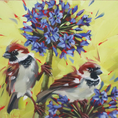Sparrows and Agapanthus, Tracey Elphick