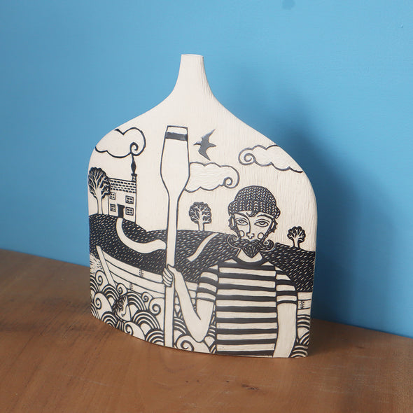 Rower and Cottage Sgraffito Pot II