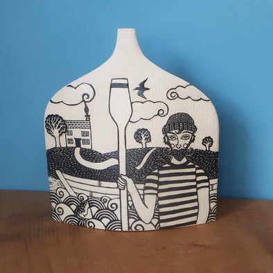 Rower and Cottage Sgraffito Pot II