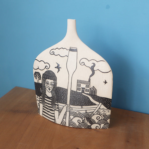 Rower and Cottage Sgraffito Pot I