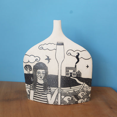 Rower and Cottage Sgraffito Pot I