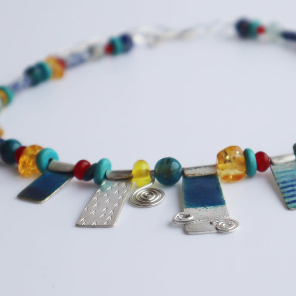 Enamelled Silver Necklace with Semi-Precious Beads (Blue/Yellow), Nancy Pickard