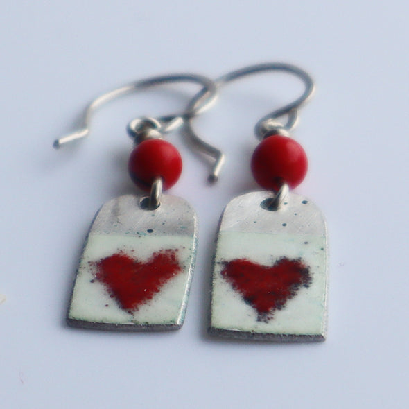 Enamelled Silver Earrings (Red Hearts), Nancy Pickard