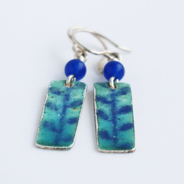 Enamelled Silver Earrings (Turquoise Rectangle with Leaf), Nancy Pickard