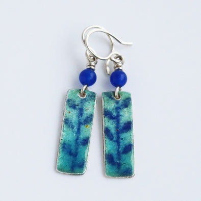 Enamelled Silver Earrings (Turquoise Rectangle with Leaf), Nancy Pickard
