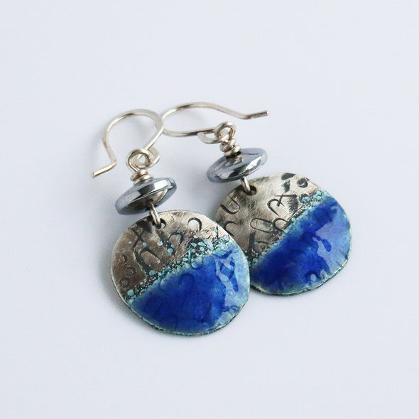 Enamelled Silver Earrings (Half Blue Circles), Nancy Pickard