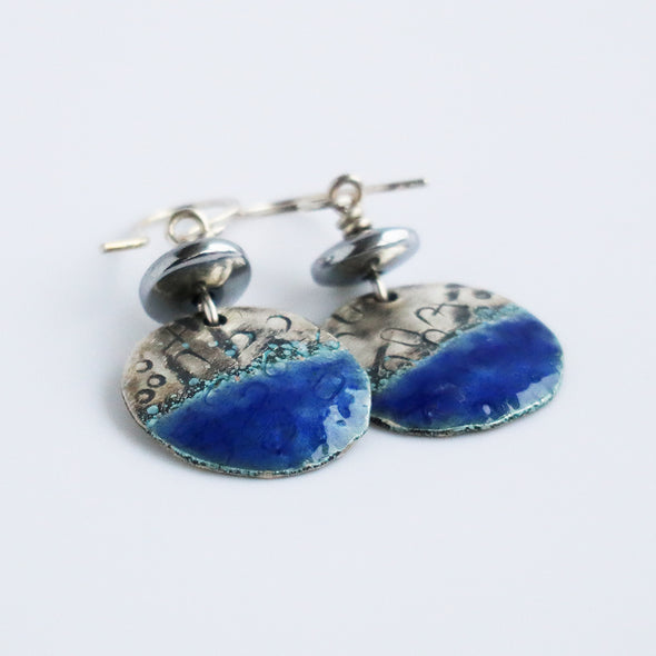 Enamelled Silver Earrings (Half Blue Circles), Nancy Pickard