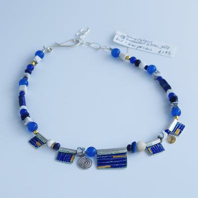Enamelled Silver Necklace with Gold Foil and Semi-Precious Beads IV