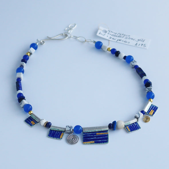 Enamelled Silver Necklace with Gold Foil and Semi-Precious Beads IV