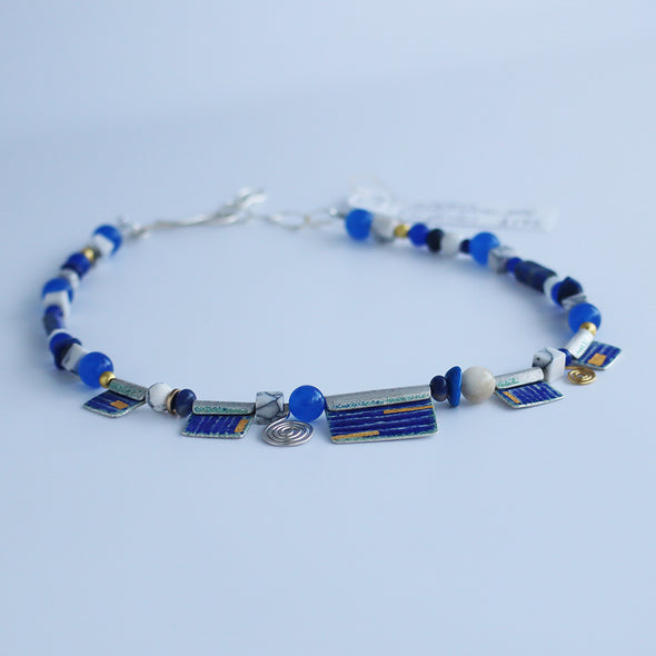 Enamelled Silver Necklace with Gold Foil and Semi-Precious Beads IV