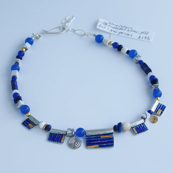 Enamelled Silver Necklace with Gold Foil and Semi-Precious Beads IV