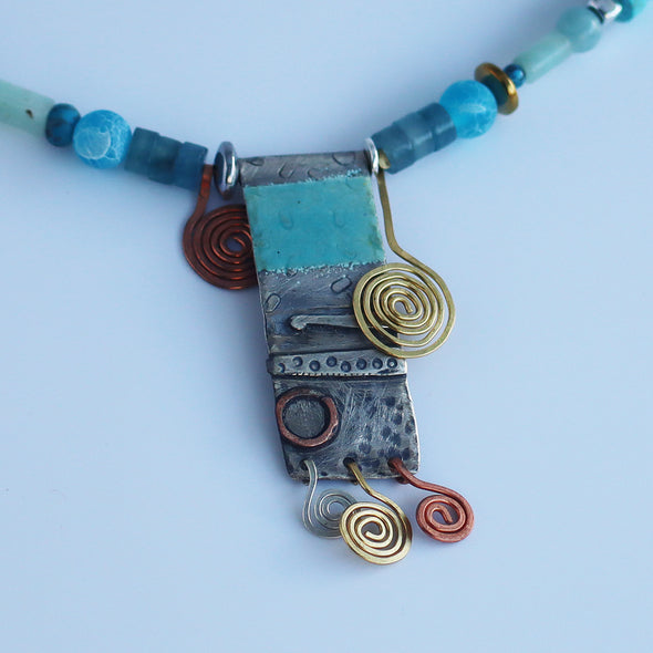 Enamelled Silver Necklace with Semi-Precious Beads VI