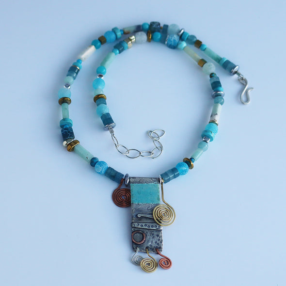 Enamelled Silver Necklace with Semi-Precious Beads VI
