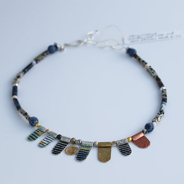 Enamelled Silver Necklace with Semi-Precious Beads VII