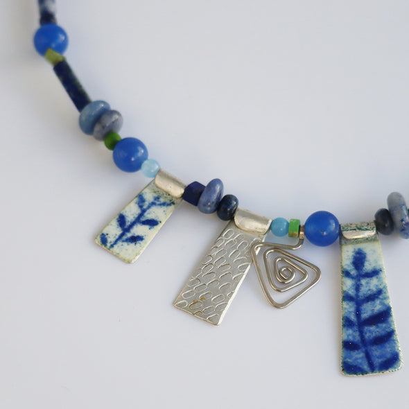 Enamelled Silver Necklace with Semi-Precious Beads VIII
