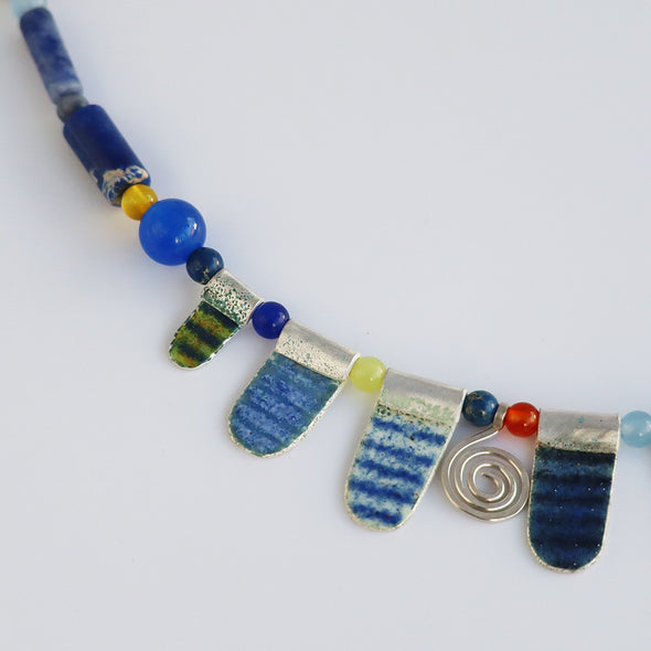 Enamelled Silver Necklace with Semi-Precious Beads IX
