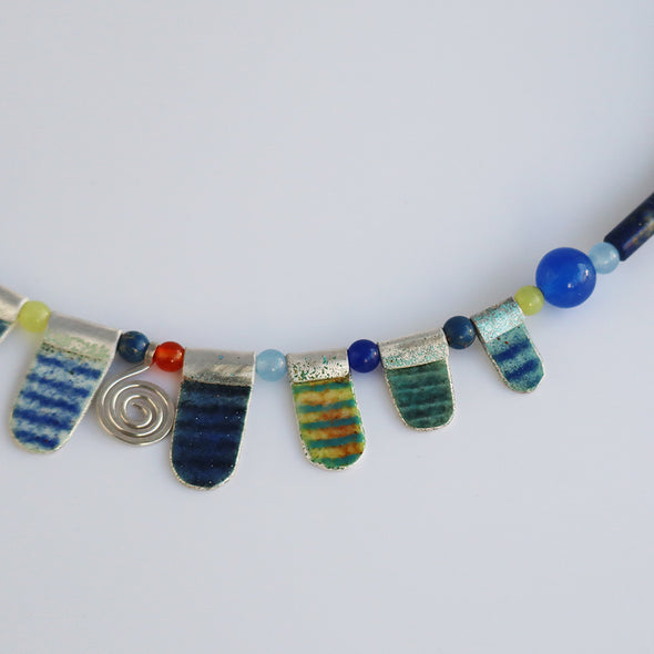 Enamelled Silver Necklace with Semi-Precious Beads IX