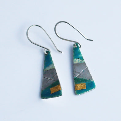 Enamelled Silver Earrings (Turquoise Triangle Drops)