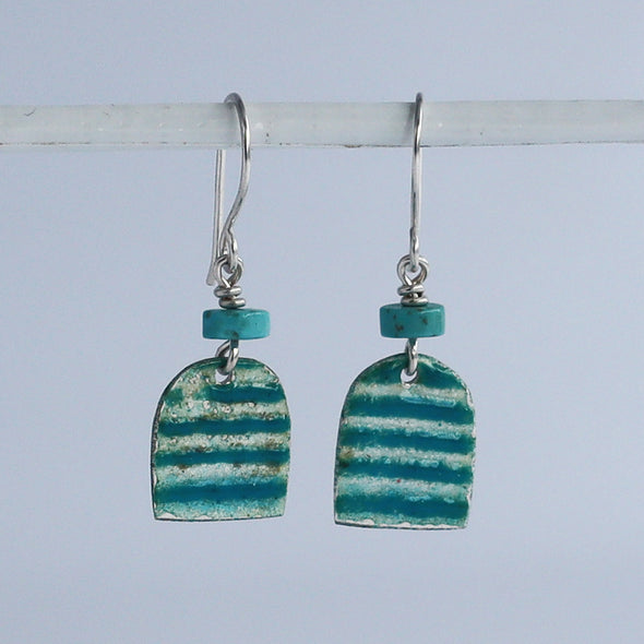 Enamelled Silver Earrings (Striped Blue Drops)