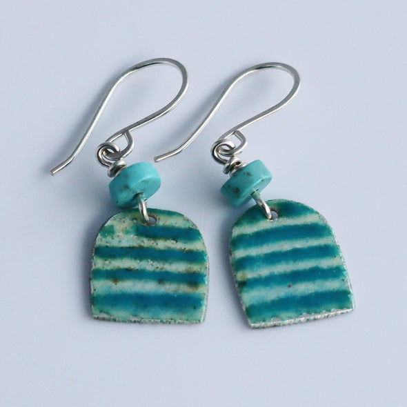 Enamelled Silver Earrings (Striped Blue Drops)