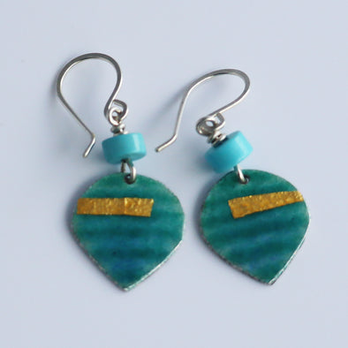 Enamelled Silver Earrings (Turquoise and Gold Leaf Drops)