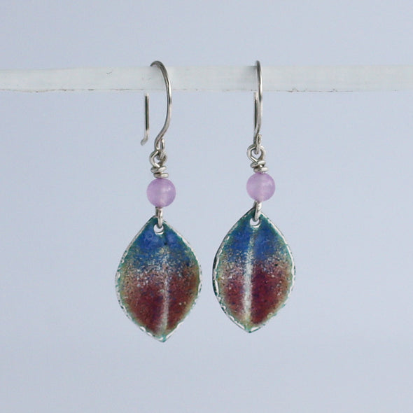 Enamelled Silver Earrings (Blue Pink Leaf)