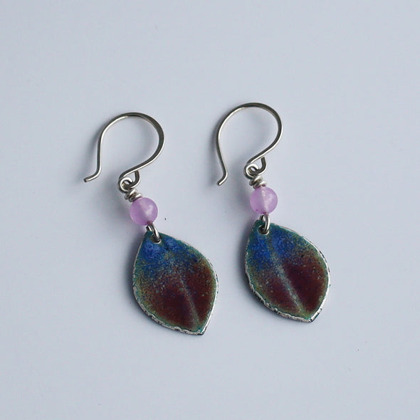 Enamelled Silver Earrings (Blue Pink Leaf)