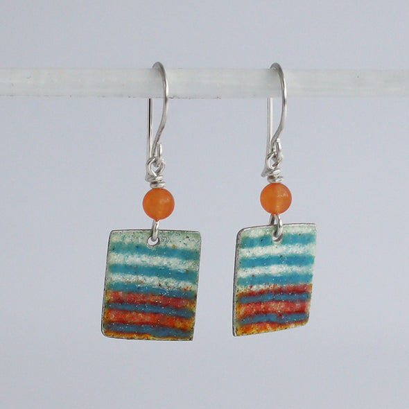 Enamelled Silver Earrings (Turquoise Stripe with Peach)