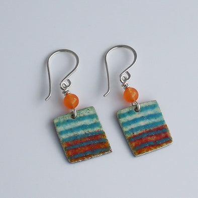 Enamelled Silver Earrings (Turquoise Stripe with Peach)