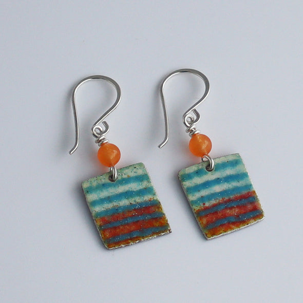 Enamelled Silver Earrings (Turquoise Stripe with Peach)