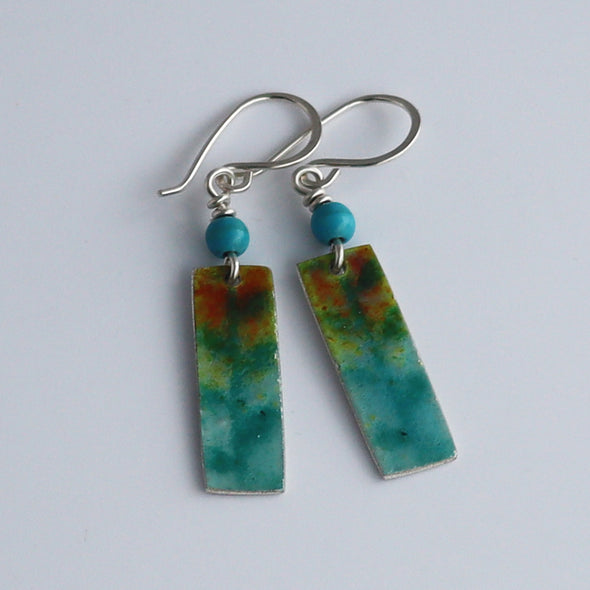 Enamelled Silver Earrings (Turquoise Orange Leaf Design)