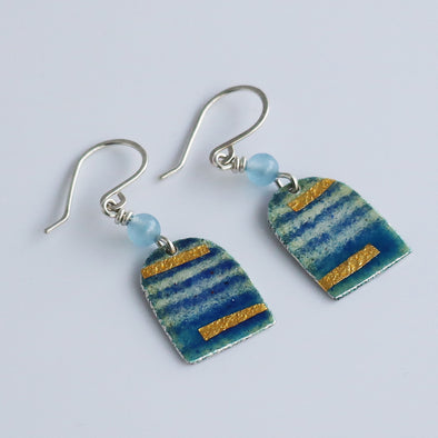 Enamelled Silver Earrings (Blue Stripe with Gold Foil)