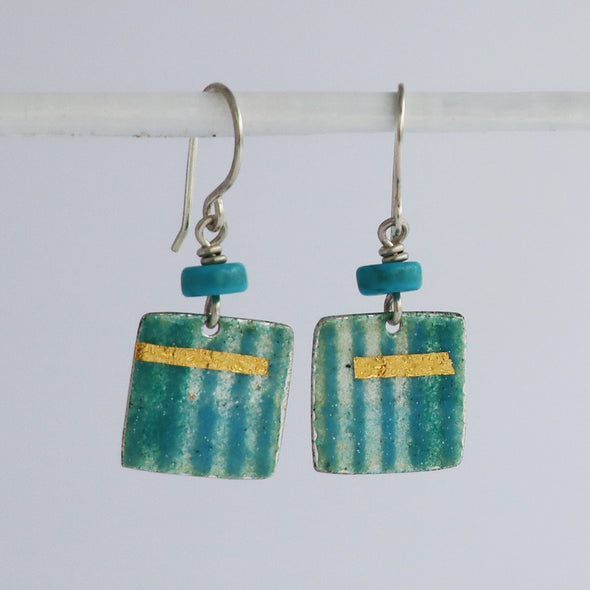 Enamelled Silver Earrings (Turquoise Striped Squares)