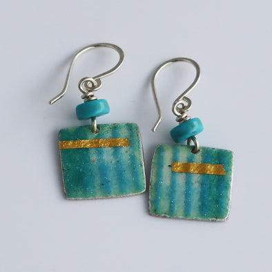 Enamelled Silver Earrings (Turquoise Striped Squares)
