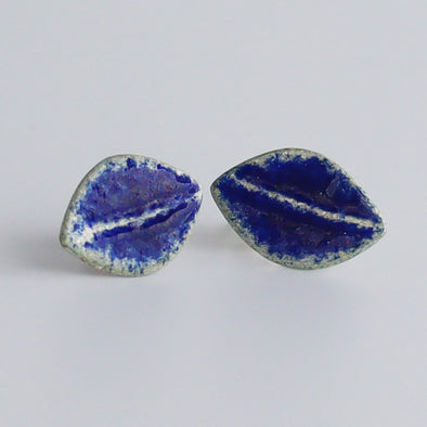 Enamelled Silver Earrings (Blue Leaf Studs)