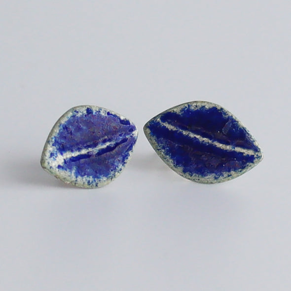 Enamelled Silver Earrings (Blue Leaf Studs)