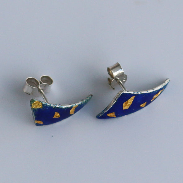 Enamelled Silver Earrings (Blue Triangle Studs with Gold Foil)