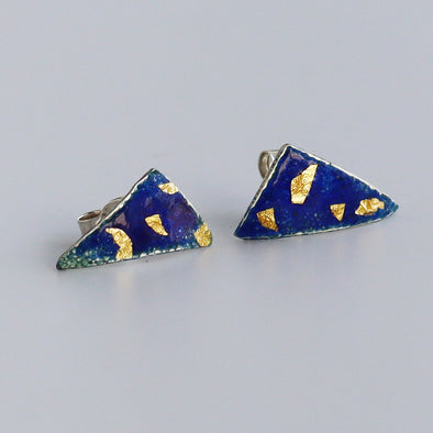 Enamelled Silver Earrings (Blue Triangle Studs with Gold Foil)