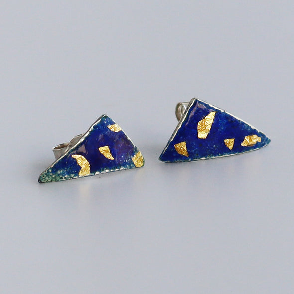 Enamelled Silver Earrings (Blue Triangle Studs with Gold Foil)