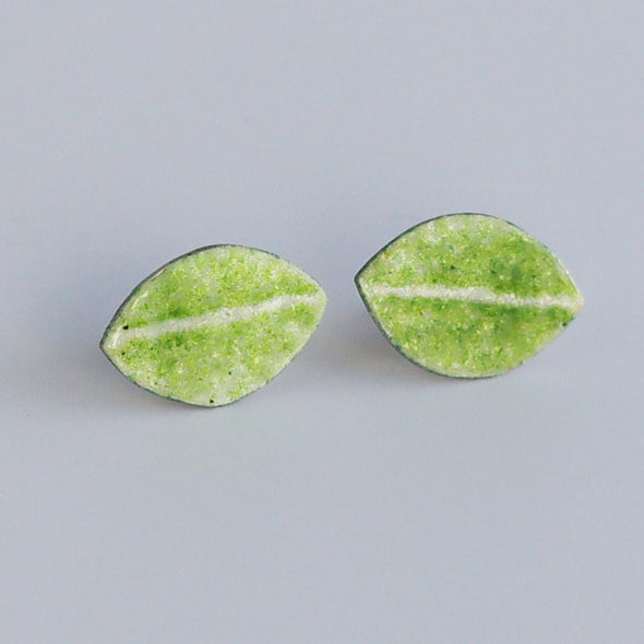 Enamelled Silver Earrings (Green Leaf Studs)