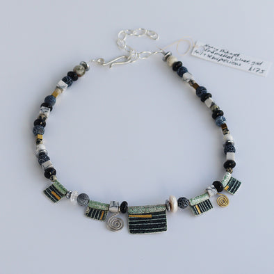 Enamelled Silver and Gold Foil Necklace with Semi-Precious Beads III