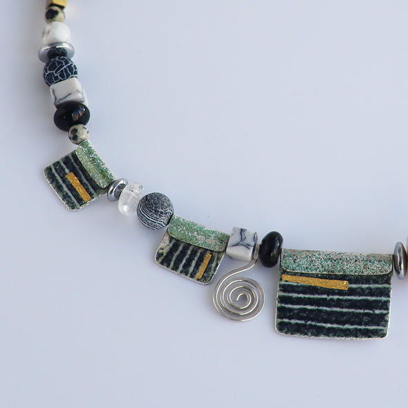 Enamelled Silver and Gold Foil Necklace with Semi-Precious Beads III