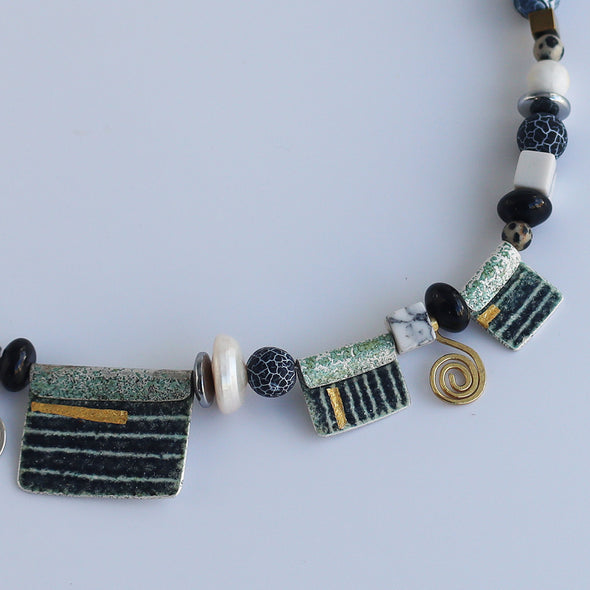Enamelled Silver and Gold Foil Necklace with Semi-Precious Beads III