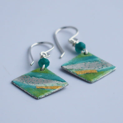 Enamelled Silver Earrings (Green Gold Square) Nancy Pickard