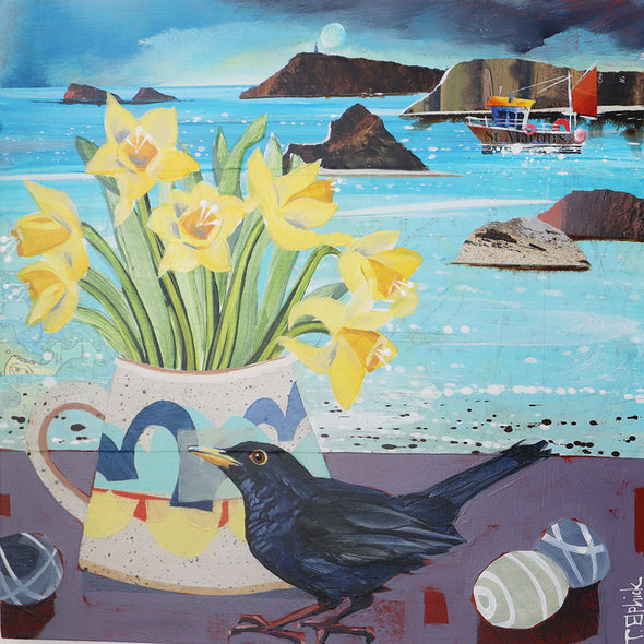 Blackbird and Daffodils on St Martin's, Tracey Elphick